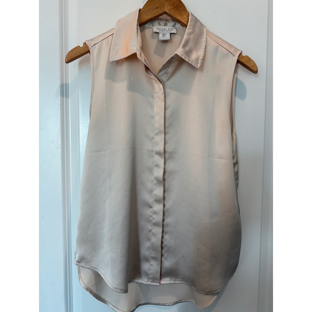 Rachel Zoe Champagne Satin Sleeveless Button Down Blouse Top Small